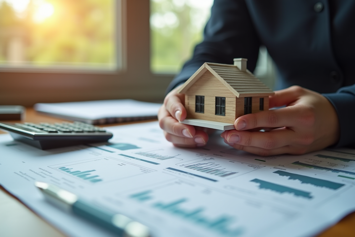 Mains tenant une maison miniature sur des documents financiers