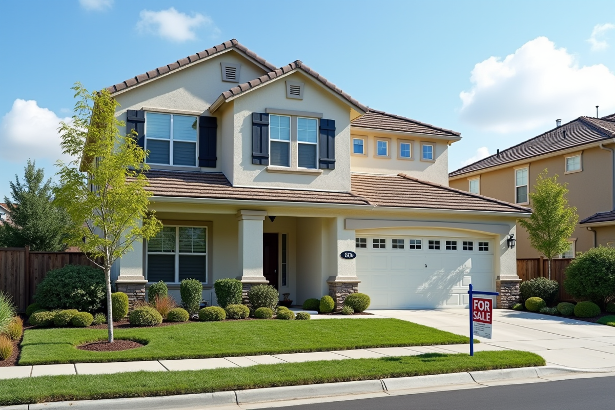 Maison neuve avec jardin et panneau a vendre ensoleille