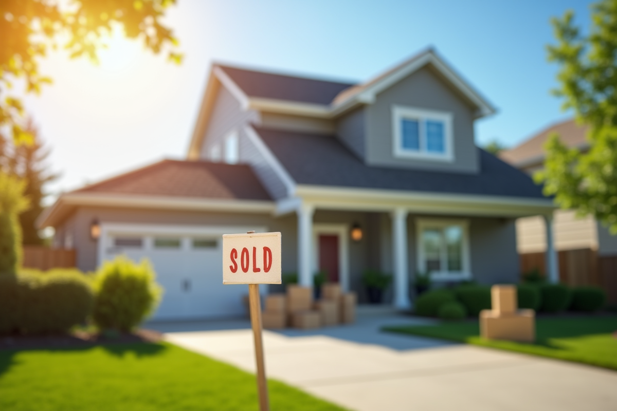 Maison neuve avec panneau vendu et jardin ensoleille