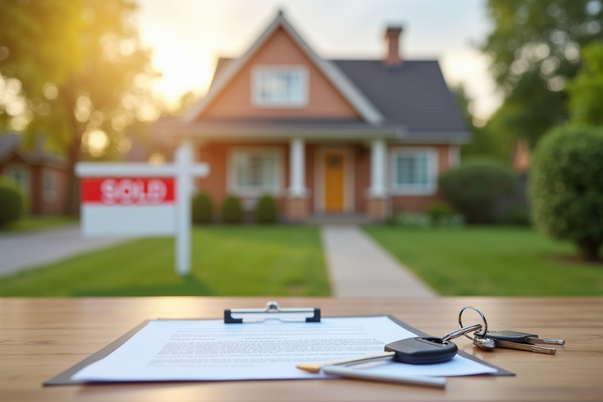 Maison avec panneau vendu et clés sur une table ensoleillée