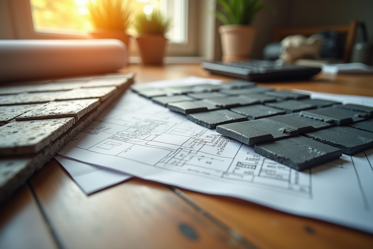 Gamme de matériaux de toiture sur une table avec plans et calculatrice