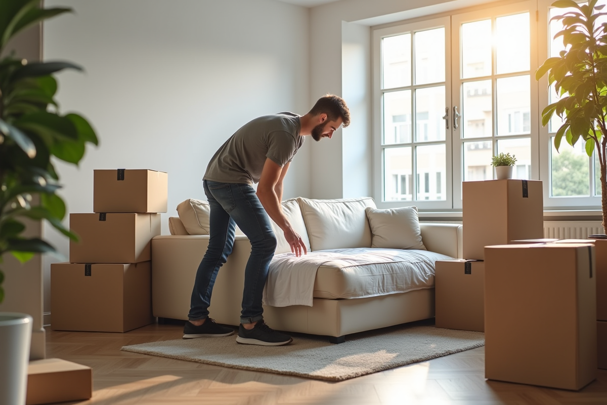 Monteur professionnel emballant un canapé dans un appartement moderne