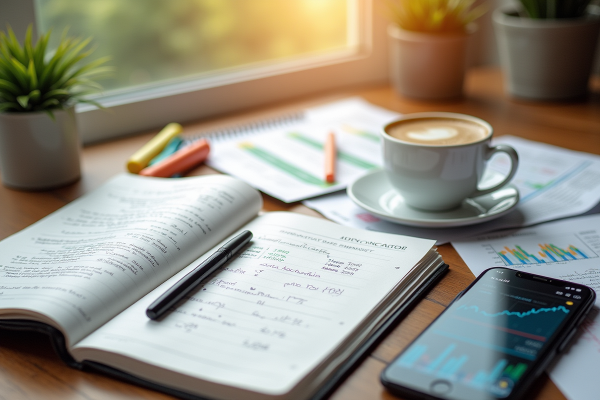 Carnet ouvert avec notes et brochures SCPI sur un bureau ensoleille