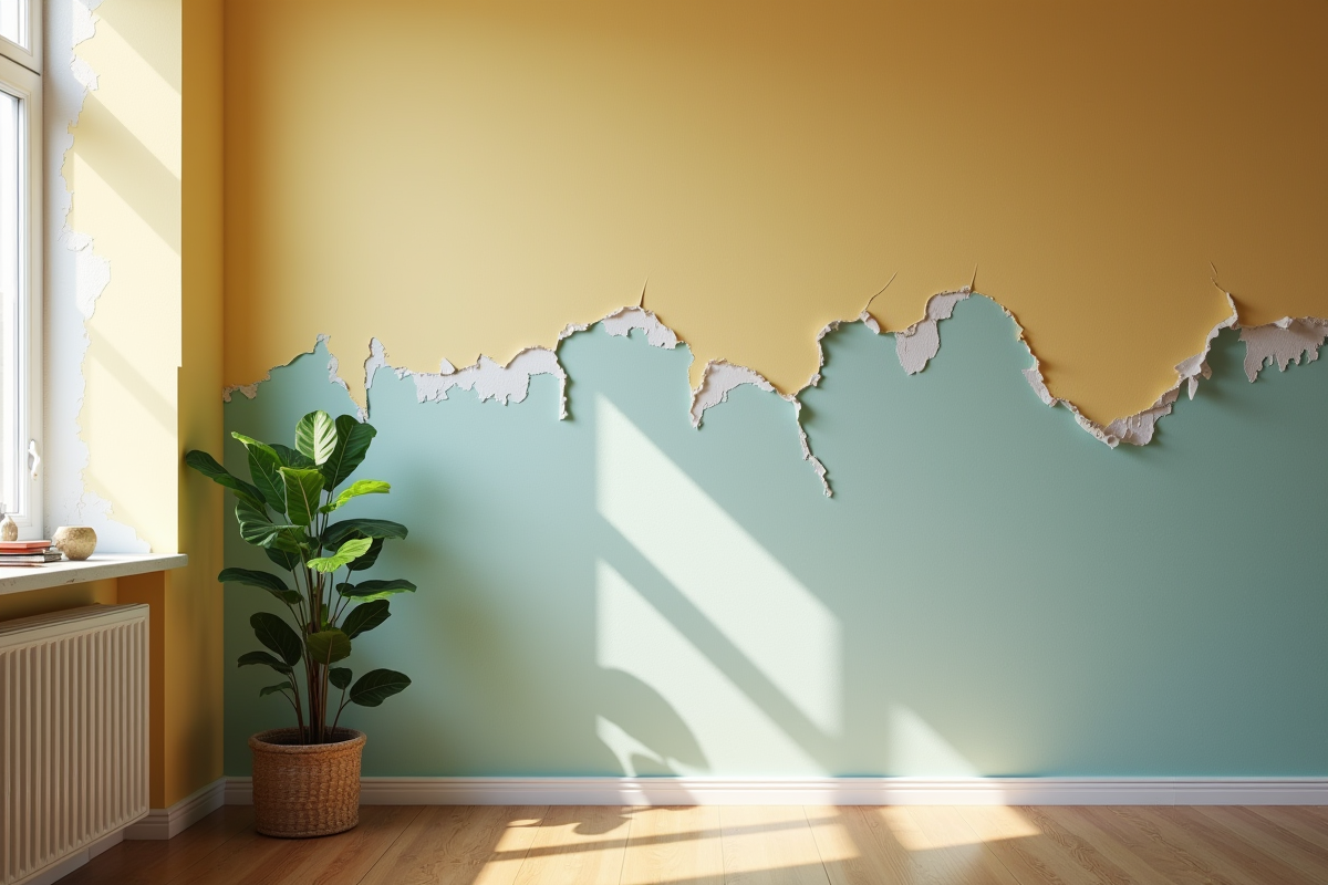 Mur intérieur avec peinture écaillée dans une pièce lumineuse