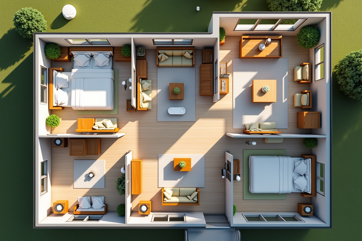 Plan d un appartement T5 avec pièces lumineuses et espaces verts