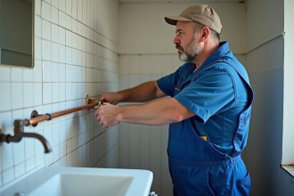 Plombier homme en bleu installant des tuyaux en cuivre dans une salle de bain