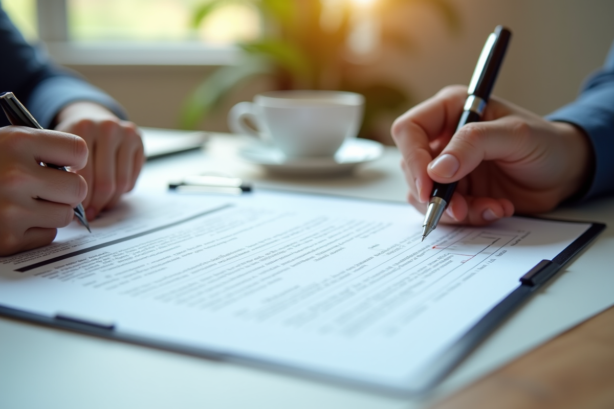 Gros plan sur un contrat immobilier signé avec stylo et café