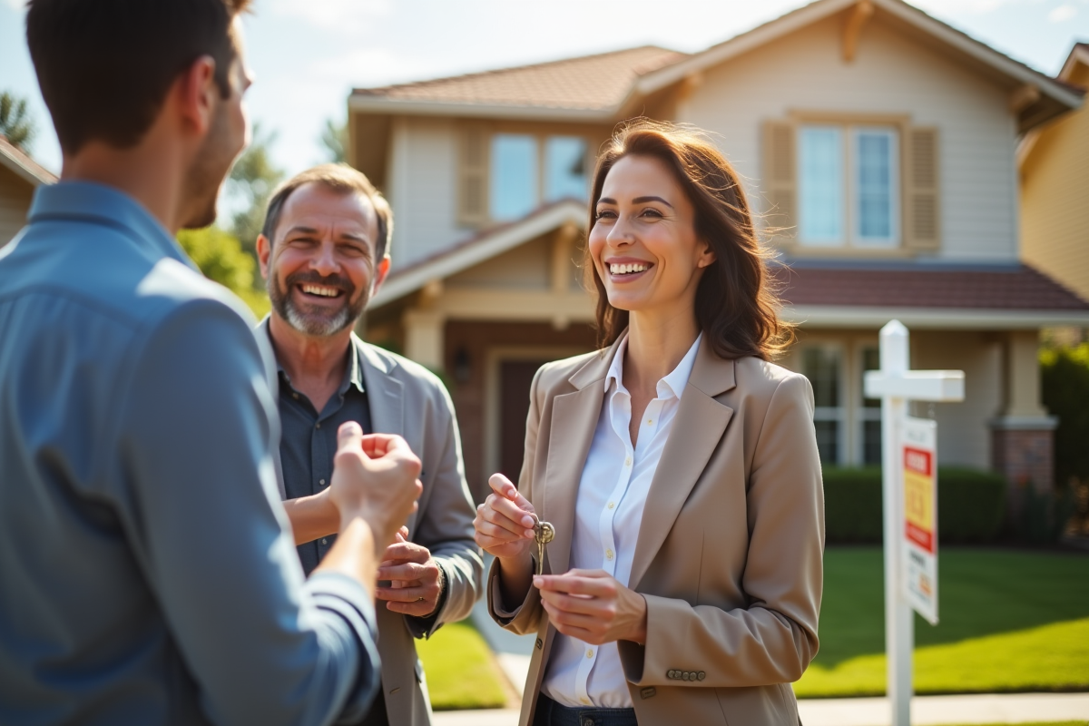 Agent immobilier remettant les clés à de nouveaux propriétaires heureux