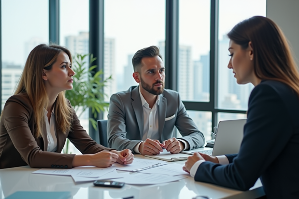 Couple inquiet rencontrant un banquier dans un bureau moderne
