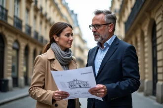 Homme en costume navy discutant plans de renovation avec architecte