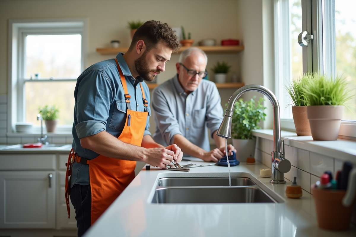 Bricoleur réparant un évier qui fuit dans une cuisine lumineuse