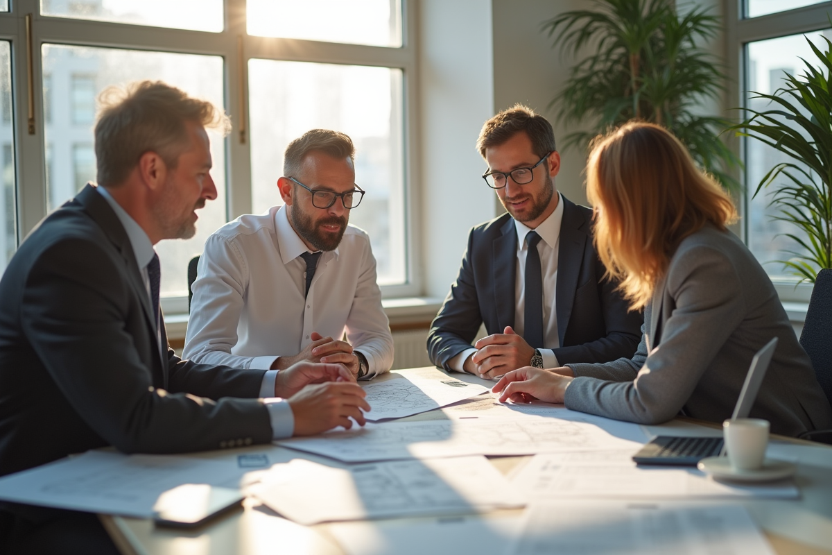 Réunion en bureau avec plans et maquettes architecturales