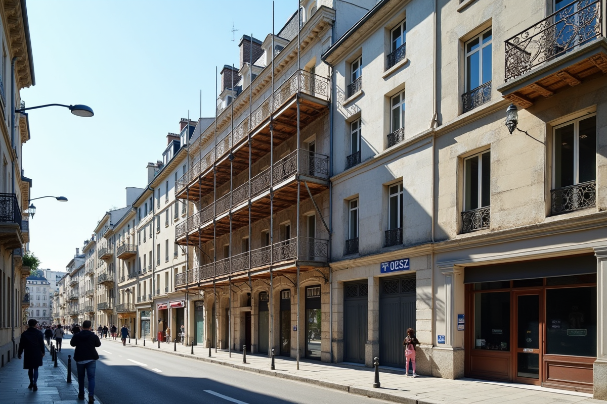 Rue urbaine en France avec bâtiments en rénovation et passants