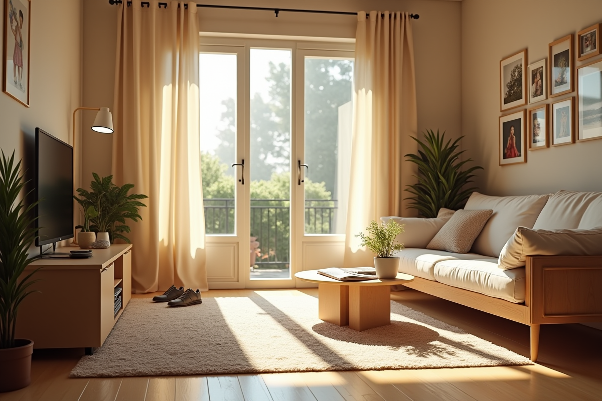 Salon lumineux avec photos de famille et courses sur le comptoir