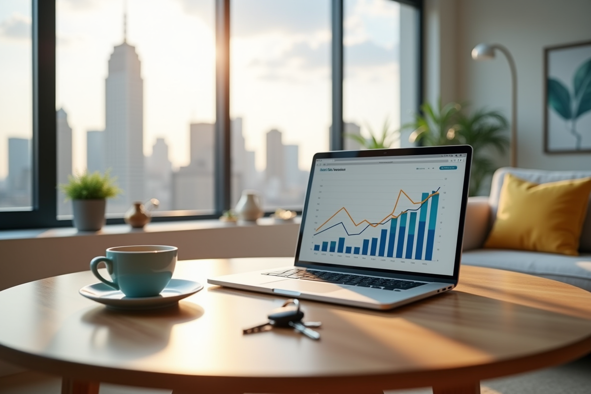 Salon lumineux avec ordinateur et clés pour investissement immobilier