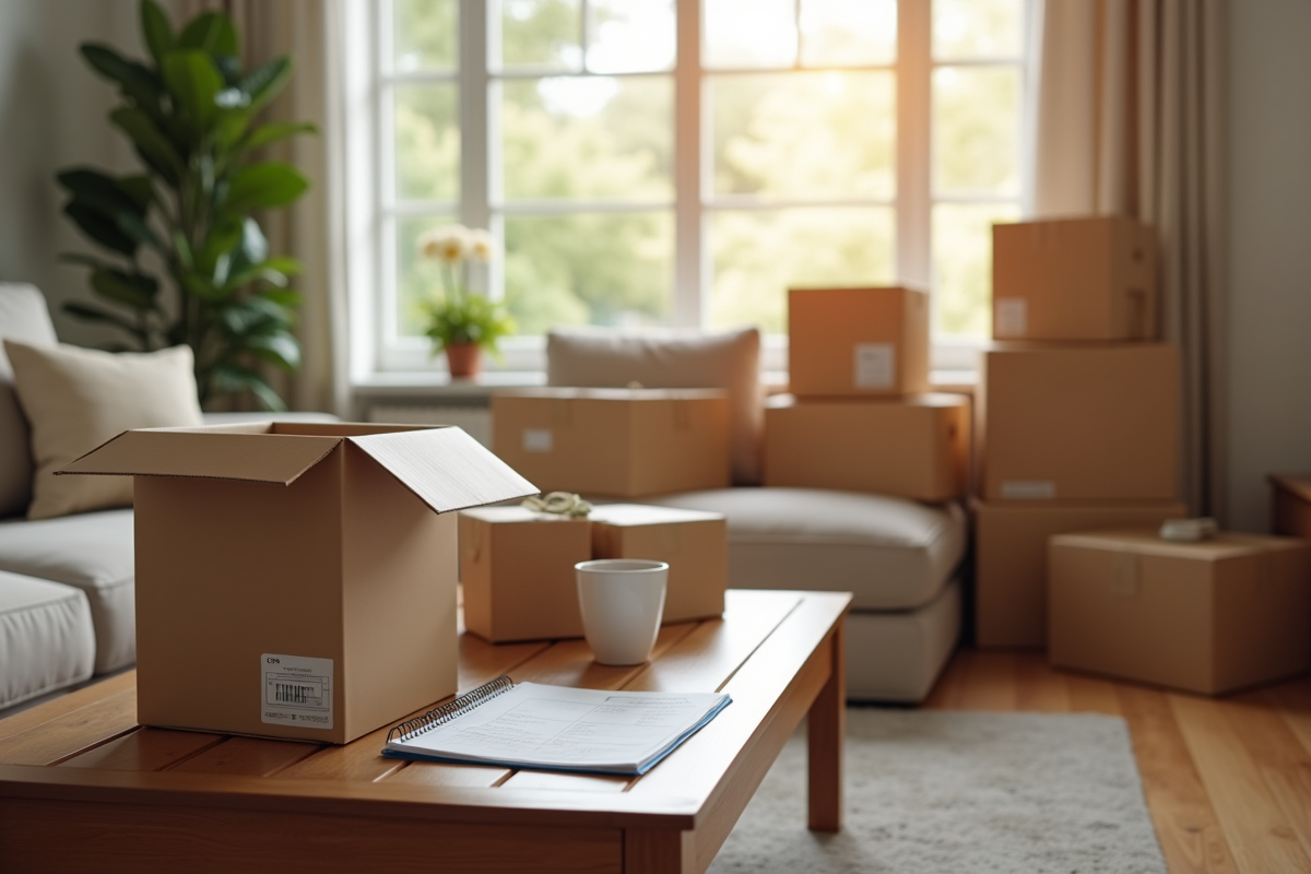 Salon organisé avec cartons et check-list pour déménagement