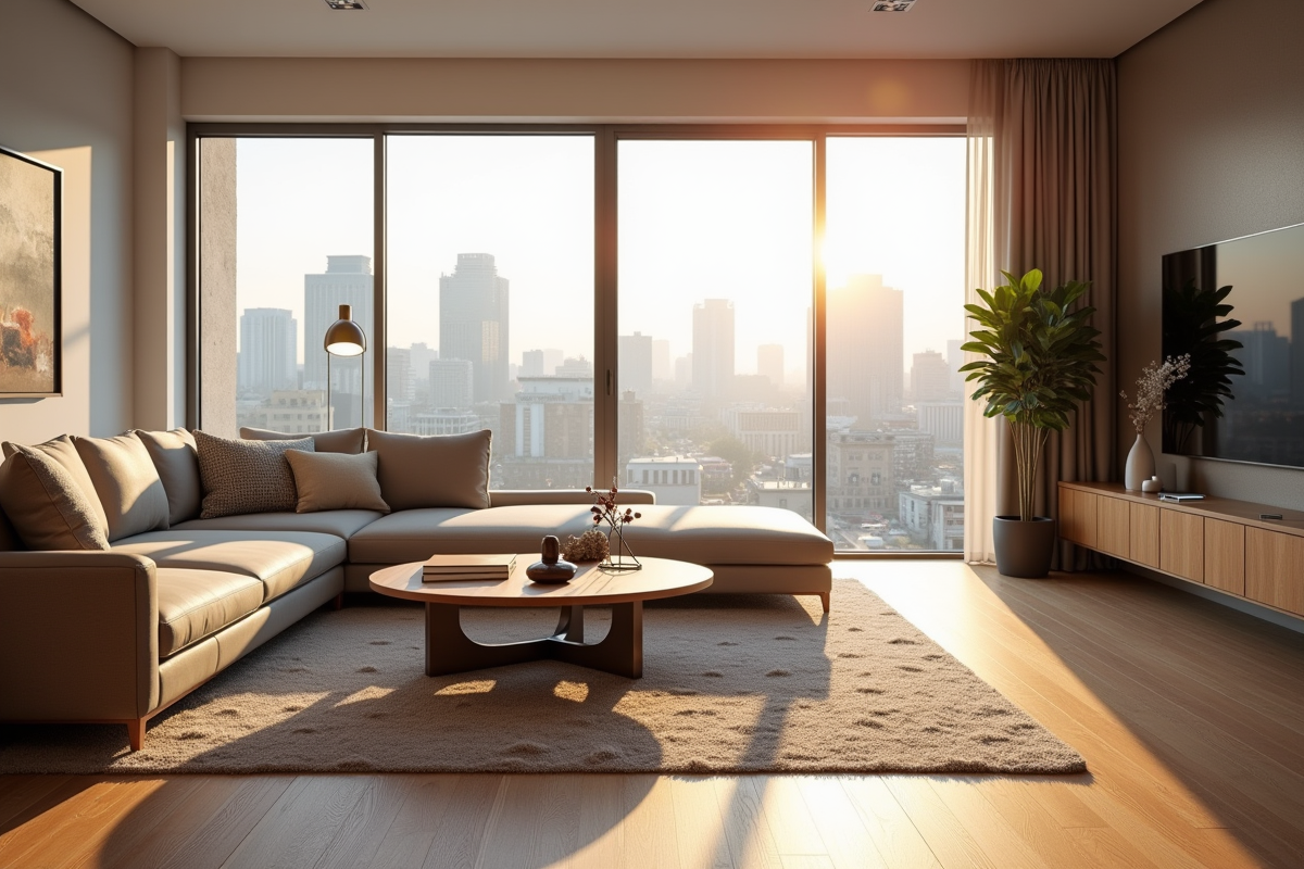 Salon moderne avec contrat de location et vue sur la ville