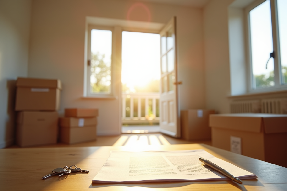 Salon vide bien éclairé avec cartons clés et contrat de location sur une table en bois