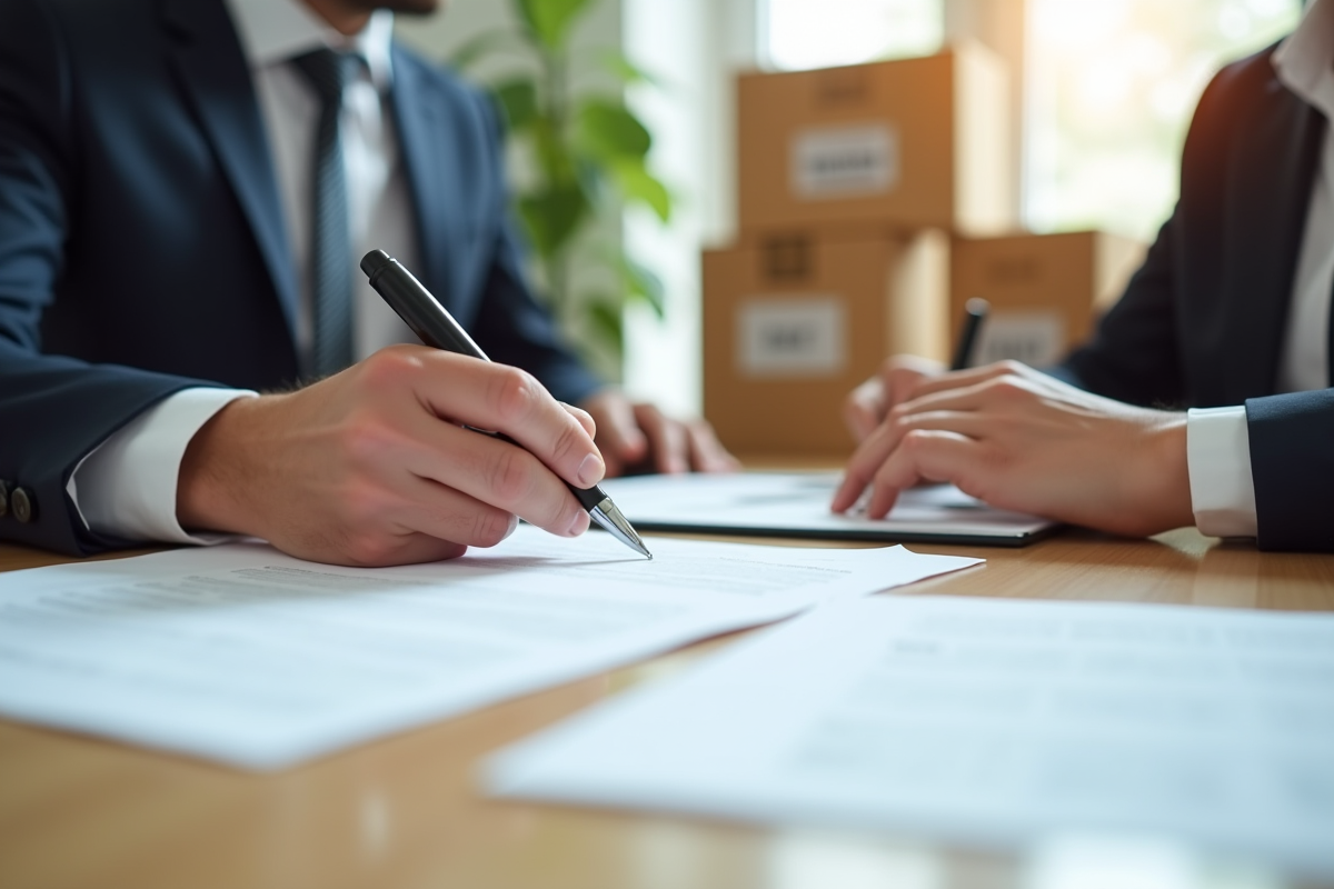 Mains signant un contrat de déménagement dans un bureau lumineux