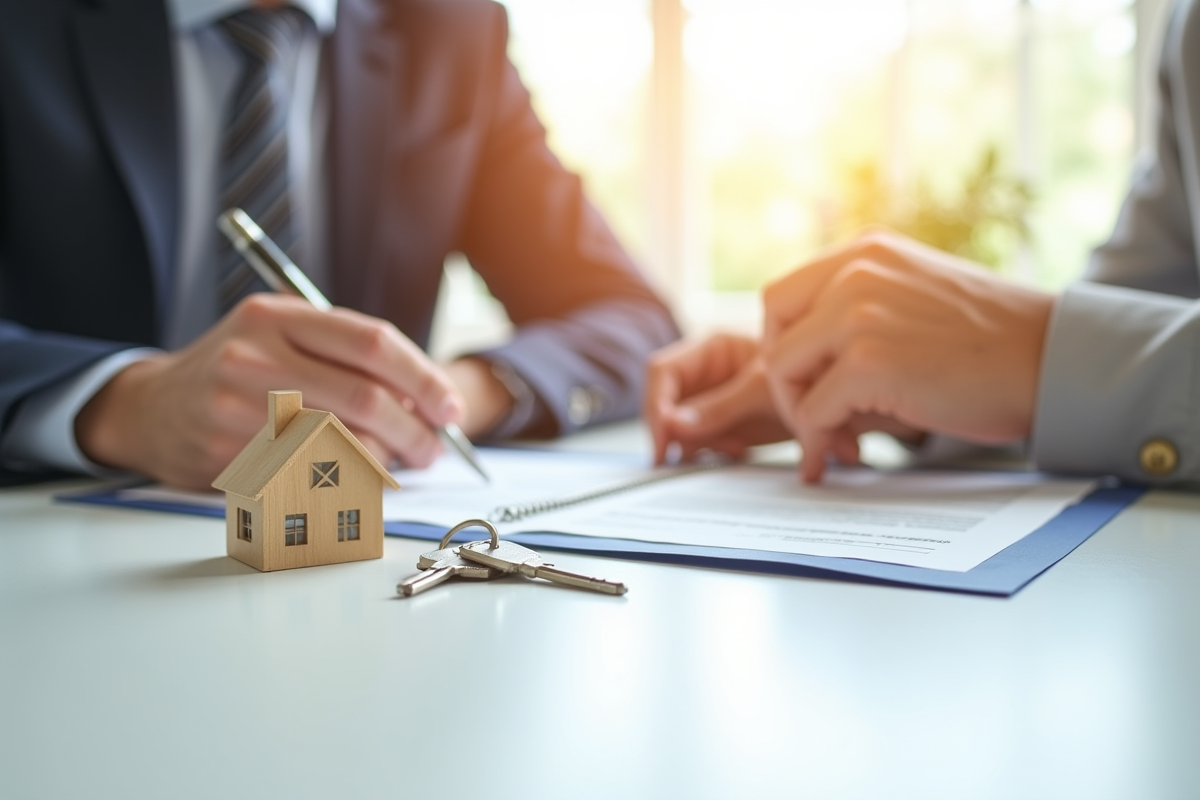 Main signant contrat d assurance avec maquette de maison