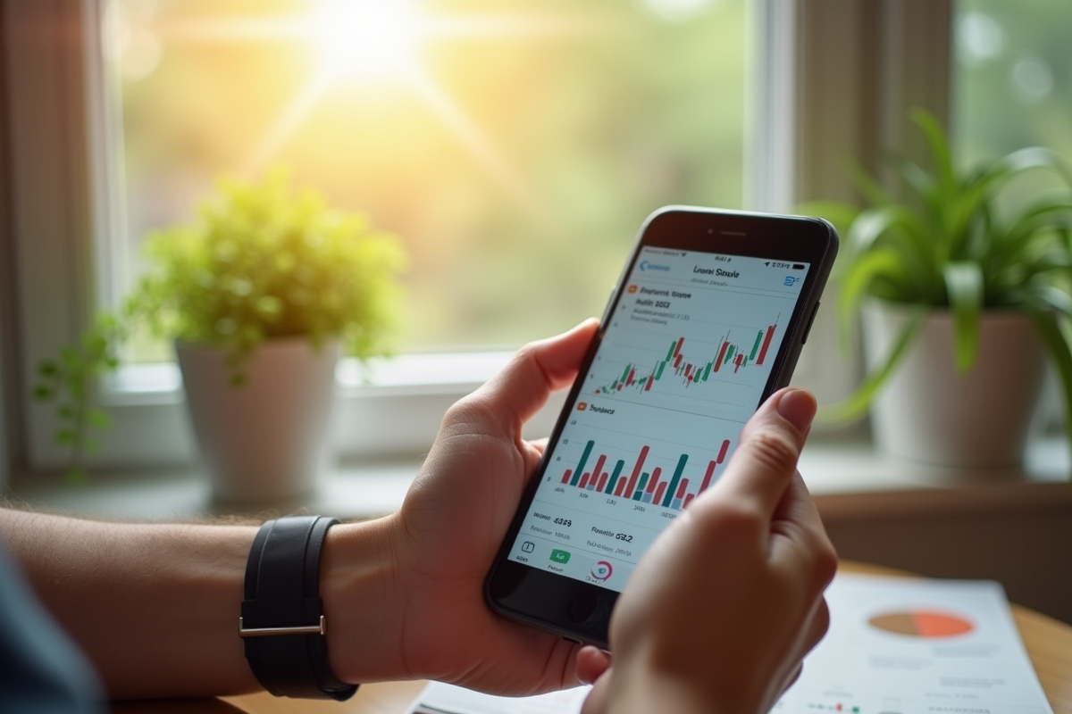 Main tenant un smartphone avec graphiques de taux d