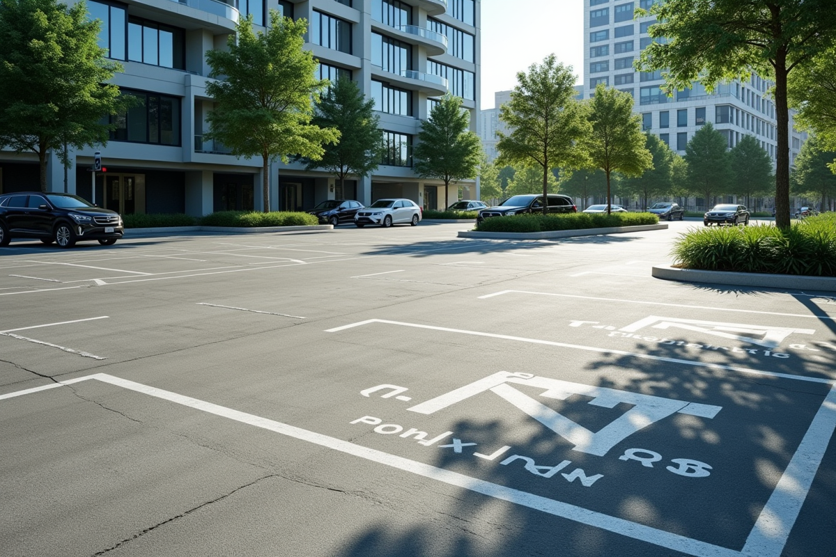 Place de parking avec lignes marquées et environnement urbain moderne