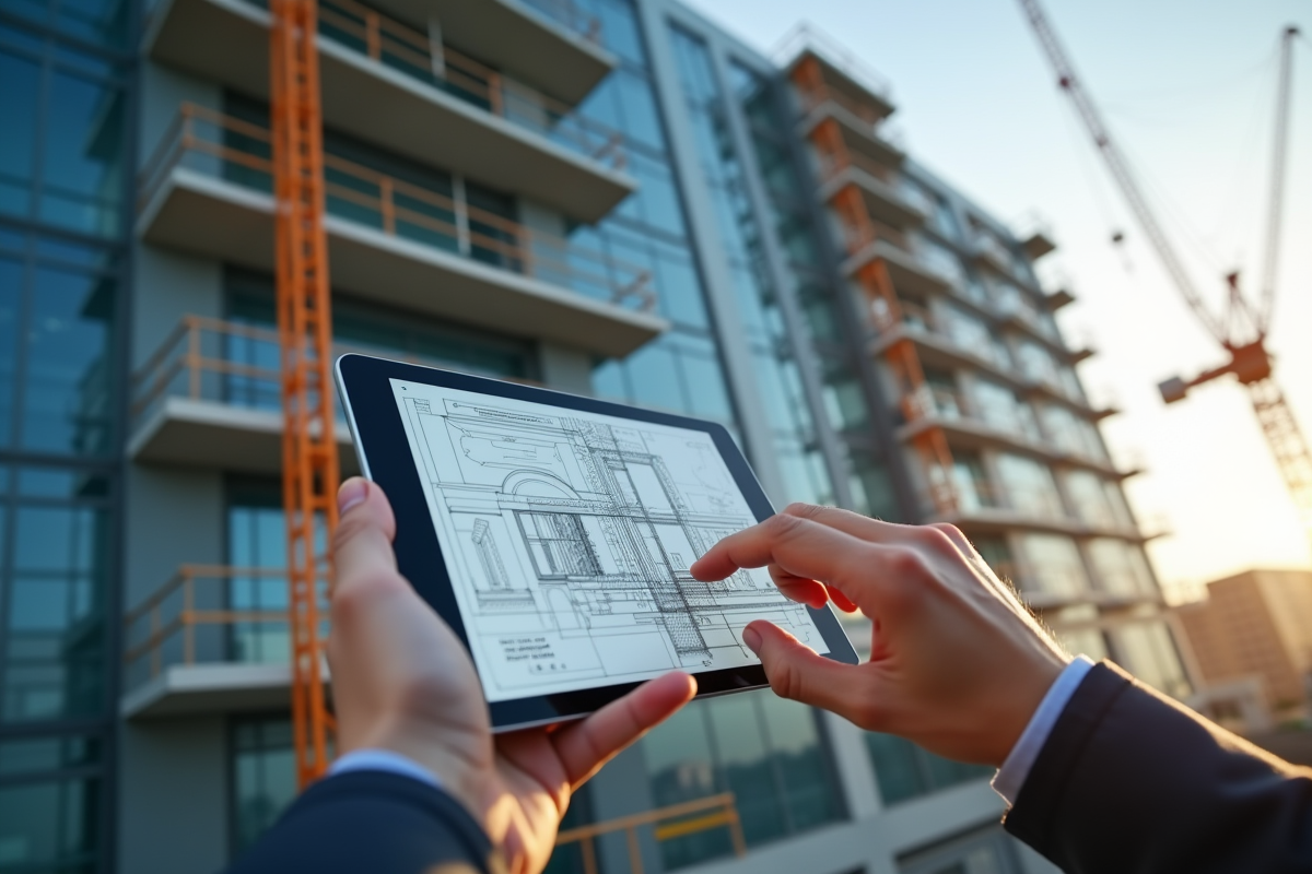 Mains utilisant une tablette avec diagrammes architecturaux devant une façade en construction