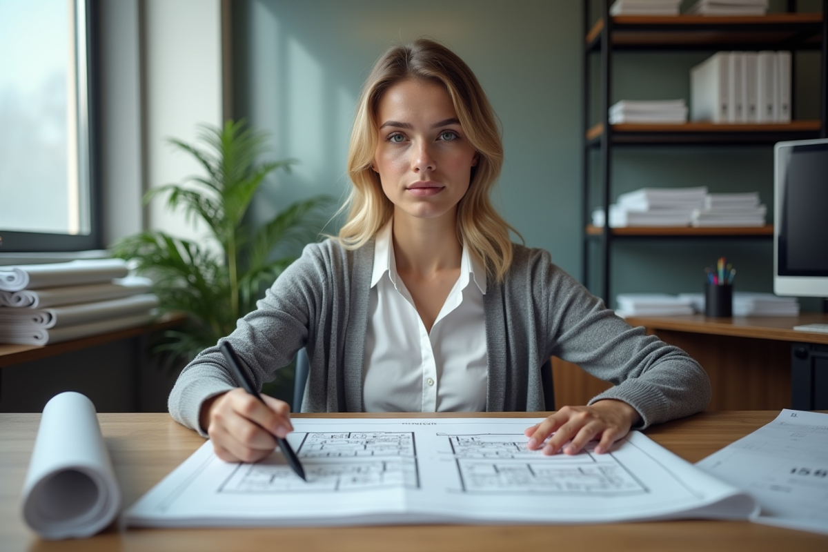 Jeune technicienne en bureau avec plans et ordinateur