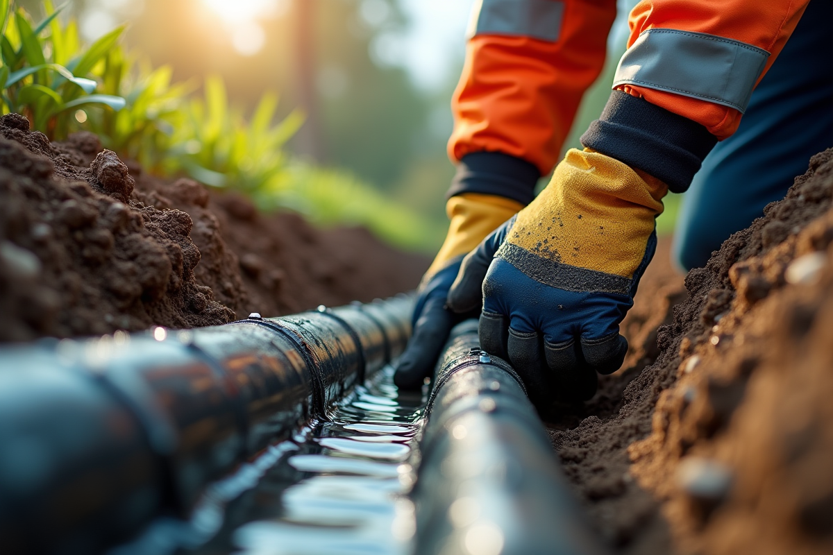 Travailleur en gilet de sécurité entretenant des tuyaux d