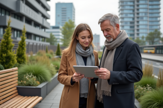 Jeune femme et homme sur toit vert avec plans urbains durables